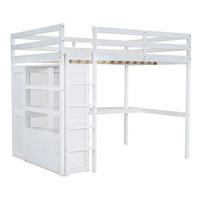 Full Size Pinewood Loft Bed with Built-in Study Desk and Wardrobe, Storage Shelves and 2 Drawers, Full-length Guardrails