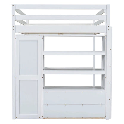 Full Size Pinewood Loft Bed with Built-in Study Desk and Wardrobe, Storage Shelves and 2 Drawers, Full-length Guardrails