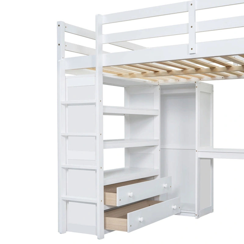 Full Size Pinewood Loft Bed with Built-in Study Desk and Wardrobe, Storage Shelves and 2 Drawers, Full-length Guardrails