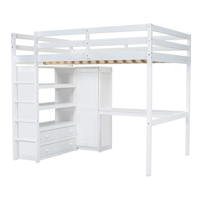 Full Size Pinewood Loft Bed with Built-in Study Desk and Wardrobe, Storage Shelves and 2 Drawers, Full-length Guardrails