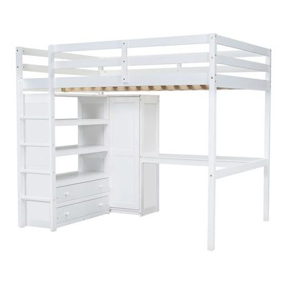 Full Size Pinewood Loft Bed with Built-in Study Desk and Wardrobe, Storage Shelves and 2 Drawers, Full-length Guardrails