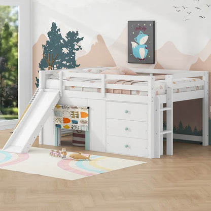 Full Size Low Loft Bed with Built-in Slide, Solid Wood Bed Frame with 3 Storage Drawers & 2 Doors for Kids Boys Girls Bedroom