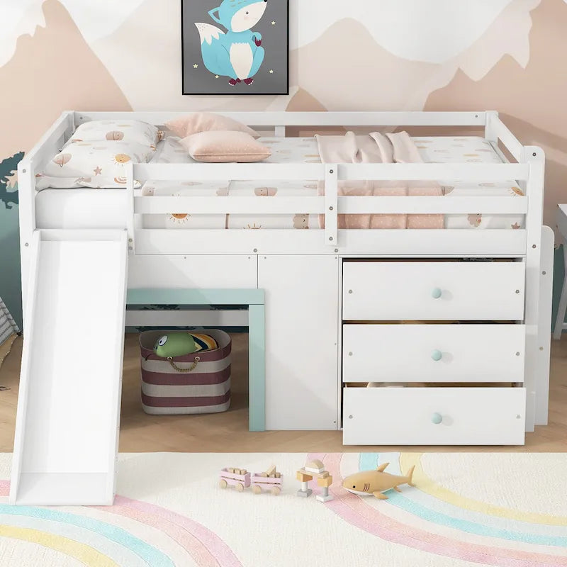 Full Size Low Loft Bed with Built-in Slide, Solid Wood Bed Frame with 3 Storage Drawers & 2 Doors for Kids Boys Girls Bedroom