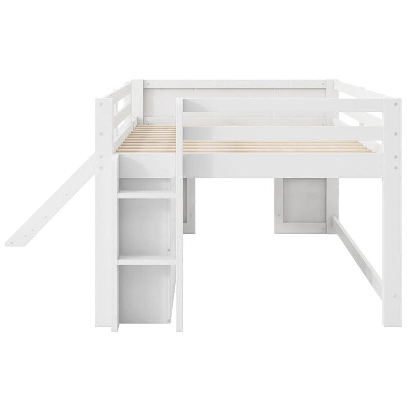 Full Size Low Loft Bed with Built-in Slide, Solid Wood Bed Frame with 3 Storage Drawers & 2 Doors for Kids Boys Girls Bedroom