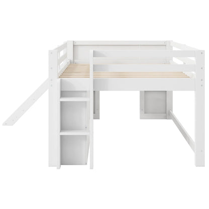 Full Size Low Loft Bed with Built-in Slide, Solid Wood Bed Frame with 3 Storage Drawers & 2 Doors for Kids Boys Girls Bedroom