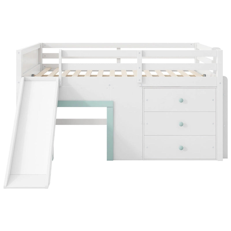 Full Size Low Loft Bed with Built-in Slide, Solid Wood Bed Frame with 3 Storage Drawers & 2 Doors for Kids Boys Girls Bedroom