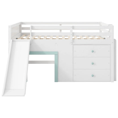 Full Size Low Loft Bed with Built-in Slide, Solid Wood Bed Frame with 3 Storage Drawers & 2 Doors for Kids Boys Girls Bedroom