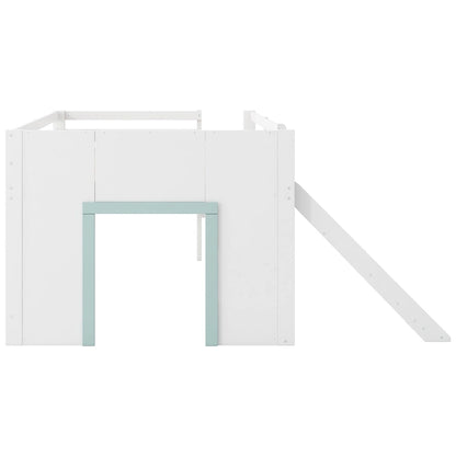 Full Size Low Loft Bed with Built-in Slide, Solid Wood Bed Frame with 3 Storage Drawers & 2 Doors for Kids Boys Girls Bedroom