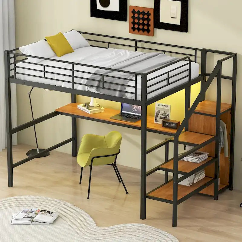 Full Size Metal Loft Bed with Desk & Small Wardrobe, Space-Saving LED Loft Bed Heavy Duty Bed Frame with Storage Staircase