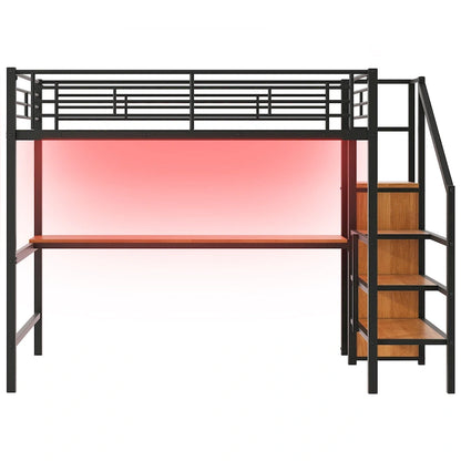 Full Size Metal Loft Bed with Desk & Small Wardrobe, Space-Saving LED Loft Bed Heavy Duty Bed Frame with Storage Staircase