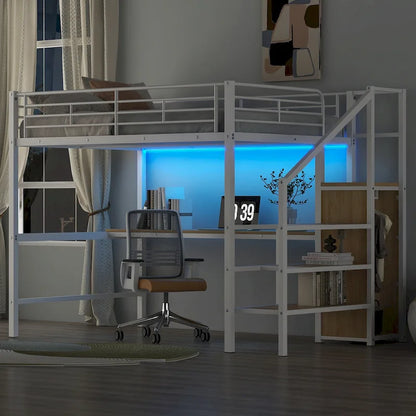 Full Size Metal Loft Bed with Desk & Small Wardrobe, Space-Saving LED Loft Bed Heavy Duty Bed Frame with Storage Staircase