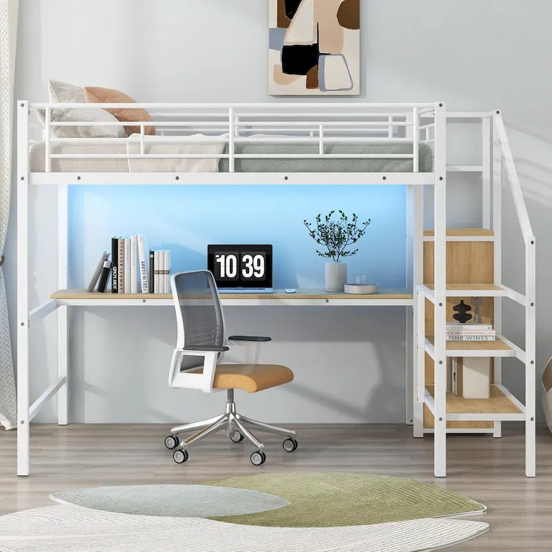 Full Size Metal Loft Bed with Desk & Small Wardrobe, Space-Saving LED Loft Bed Heavy Duty Bed Frame with Storage Staircase