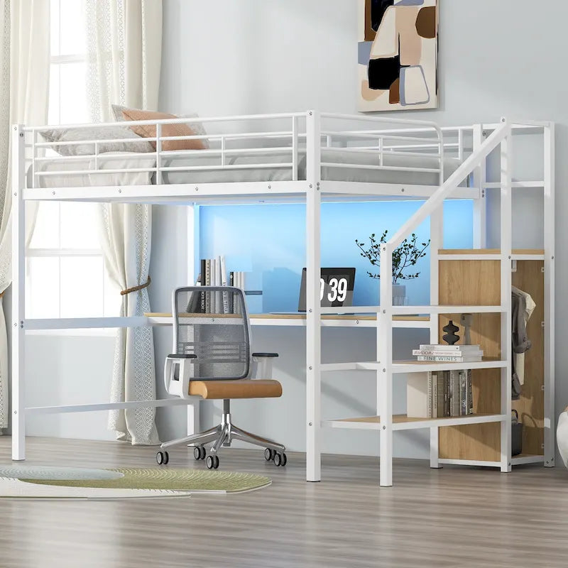 Full Size Metal Loft Bed with Desk & Small Wardrobe, Space-Saving LED Loft Bed Heavy Duty Bed Frame with Storage Staircase