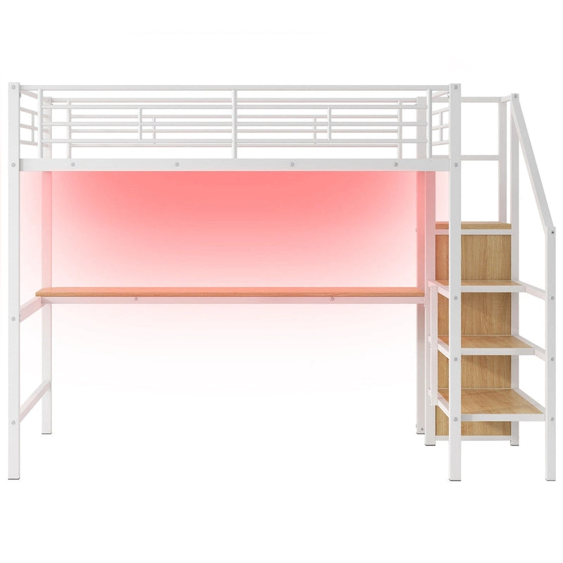Full Size Metal Loft Bed with Desk & Small Wardrobe, Space-Saving LED Loft Bed Heavy Duty Bed Frame with Storage Staircase