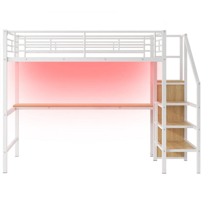 Full Size Metal Loft Bed with Desk & Small Wardrobe, Space-Saving LED Loft Bed Heavy Duty Bed Frame with Storage Staircase