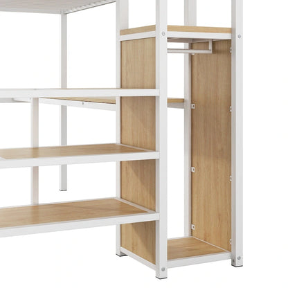 Full Size Metal Loft Bed with Desk & Small Wardrobe, Space-Saving LED Loft Bed Heavy Duty Bed Frame with Storage Staircase