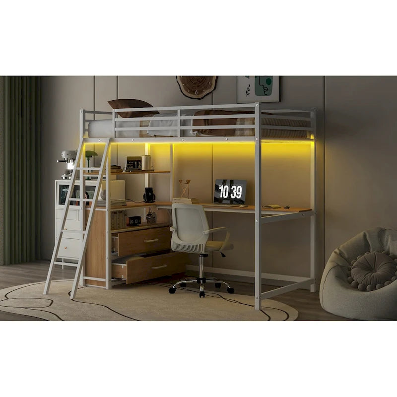 Twin Size Metal Wood Loft Bed with Desk, Shelves, LED Light, and USB Charging