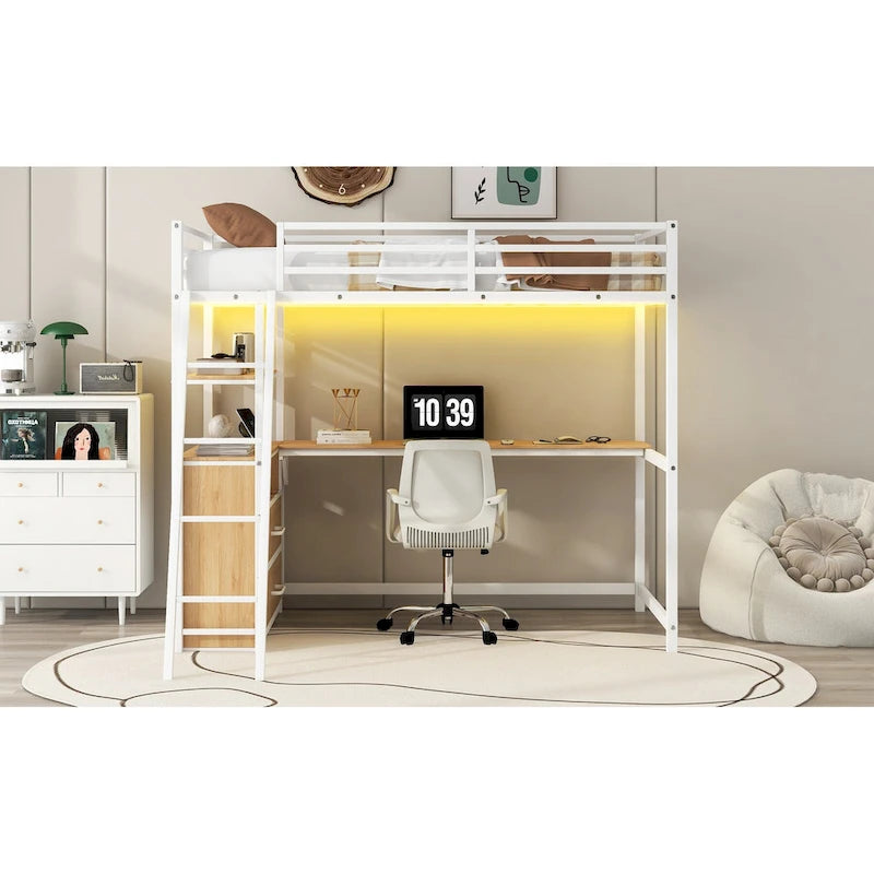 Twin Size Metal Wood Loft Bed with Desk, Shelves, LED Light, and USB Charging