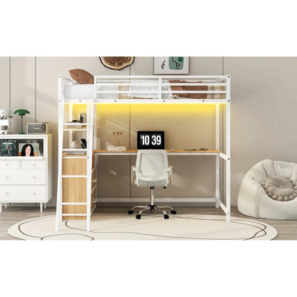 Twin Size Metal Wood Loft Bed with Desk, Shelves, LED Light, and USB Charging