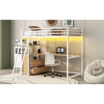 Twin Size Metal Wood Loft Bed with Desk, Shelves, LED Light, and USB Charging