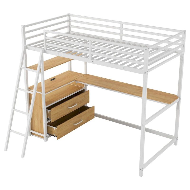 Twin Size Metal Wood Loft Bed with Desk, Shelves, LED Light, and USB Charging