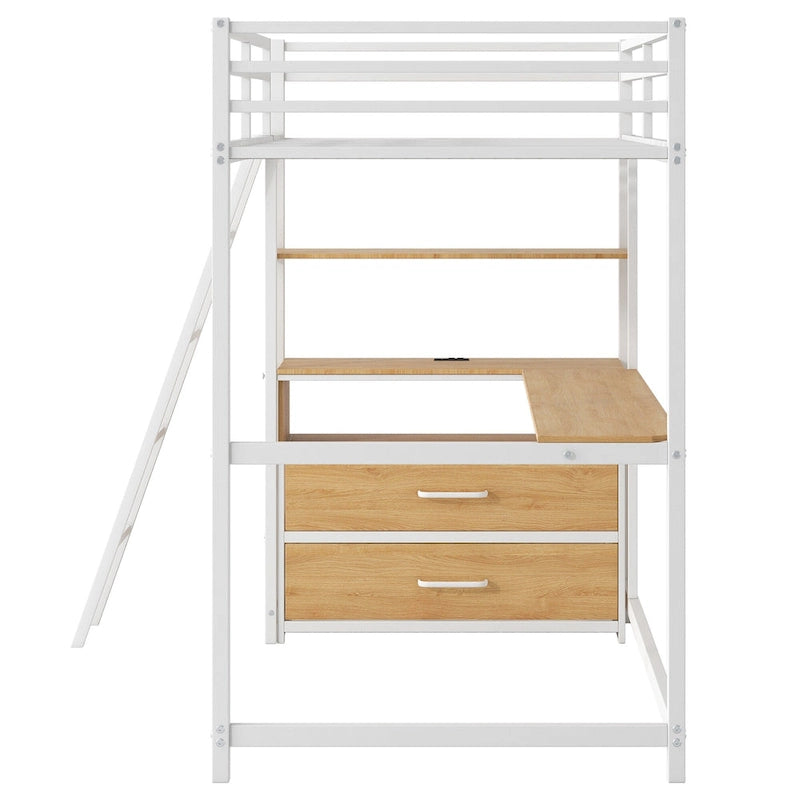 Twin Size Metal Wood Loft Bed with Desk, Shelves, LED Light, and USB Charging