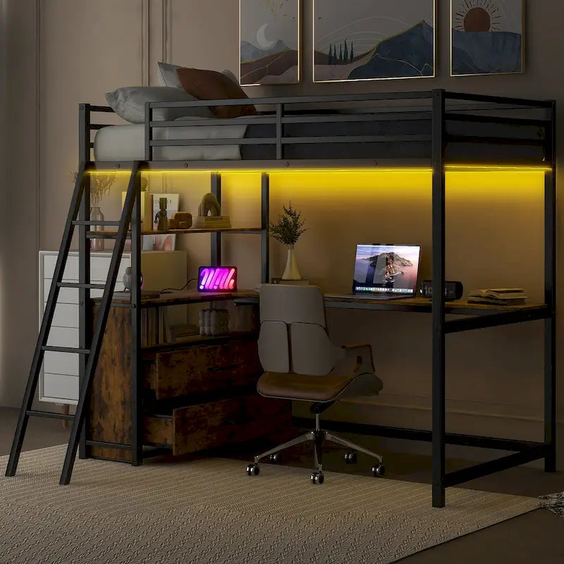 Twin Size Metal Wood Loft Bed with Desk, Shelves, LED Light, and USB Charging