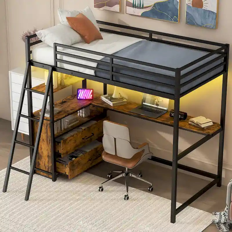 Twin Size Metal Wood Loft Bed with Desk, Shelves, LED Light, and USB Charging