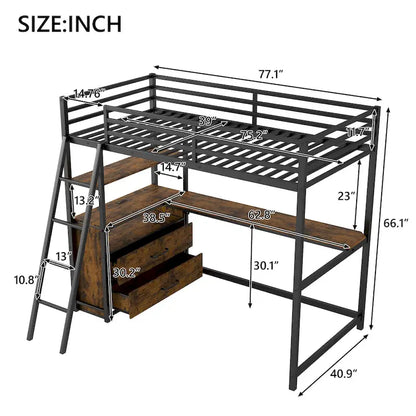 Twin Size Metal Wood Loft Bed with Desk, Shelves, LED Light, and USB Charging