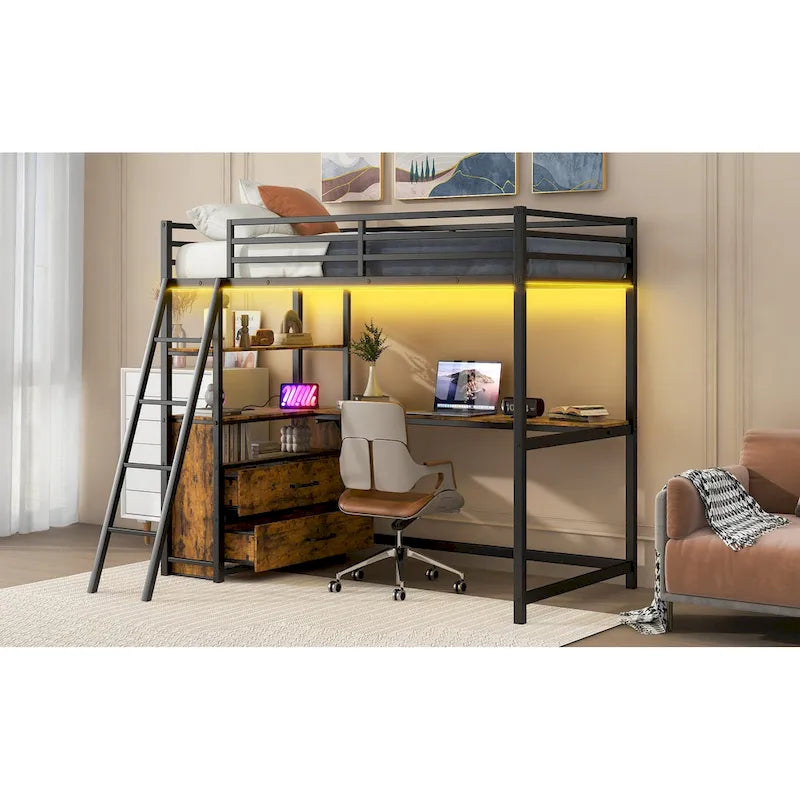 Twin Size Metal Wood Loft Bed with Desk, Shelves, LED Light, and USB Charging