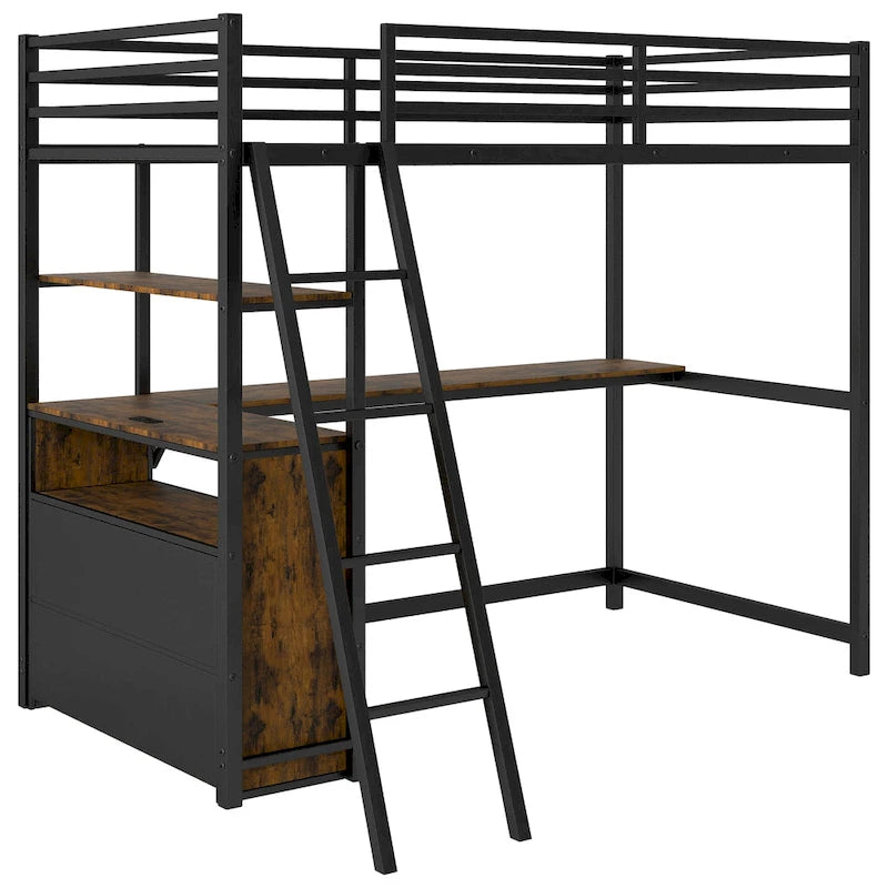 Twin Size Metal Wood Loft Bed with Desk, Shelves, LED Light, and USB Charging