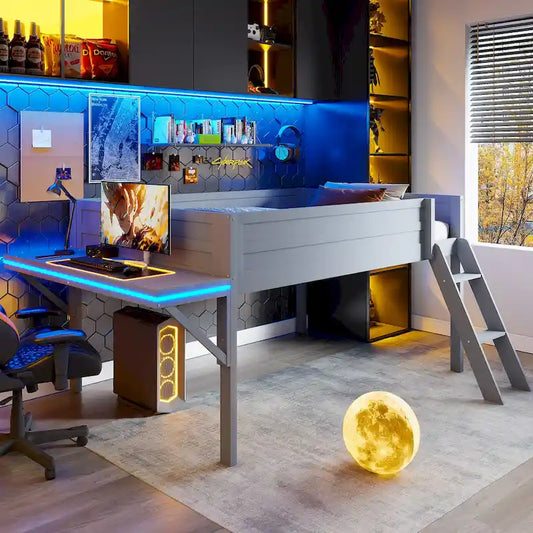 Full Size Wood Gaming Loft Bed with LED Desk & Storage (400lb Capacity)