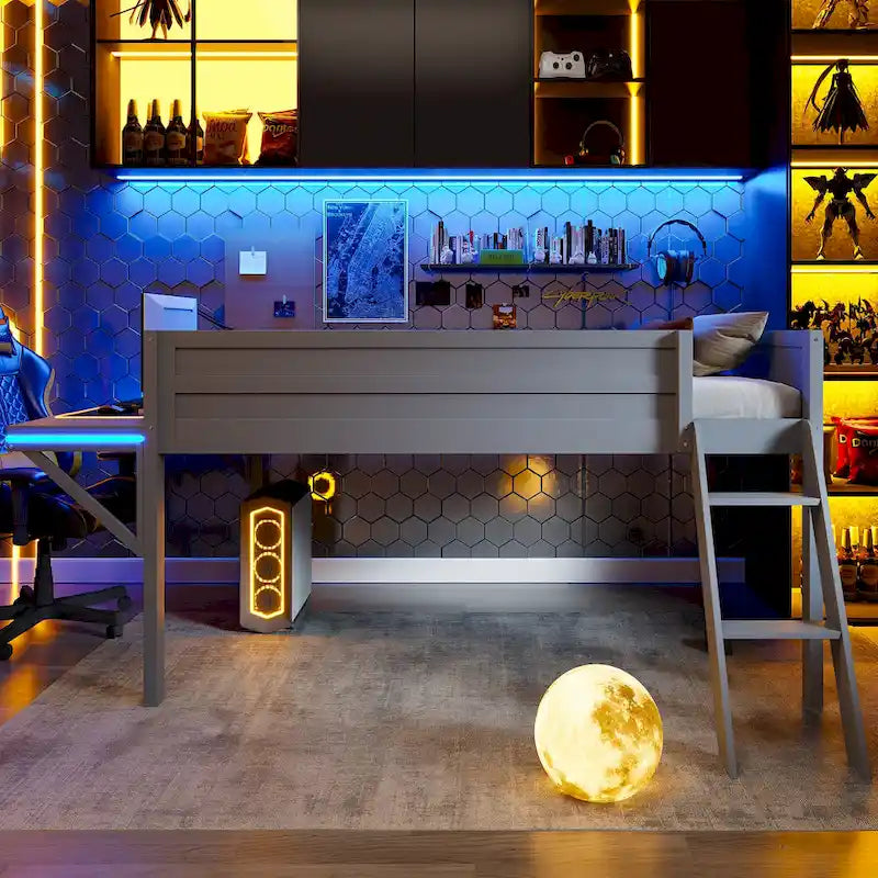 Full Size Wood Gaming Loft Bed with LED Desk & Storage (400lb Capacity)