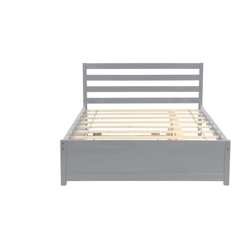 Grey Full Size Wood Platform Bed with Headboard and Twin Trundle - Durable Pine with Slat Support