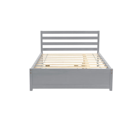 Grey Full Size Wood Platform Bed with Headboard and Twin Trundle - Durable Pine with Slat Support
