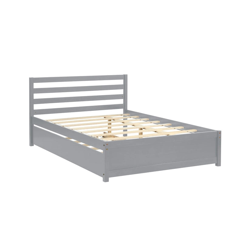 Grey Full Size Wood Platform Bed with Headboard and Twin Trundle - Durable Pine with Slat Support