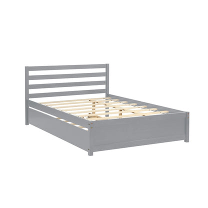 Grey Full Size Wood Platform Bed with Headboard and Twin Trundle - Durable Pine with Slat Support
