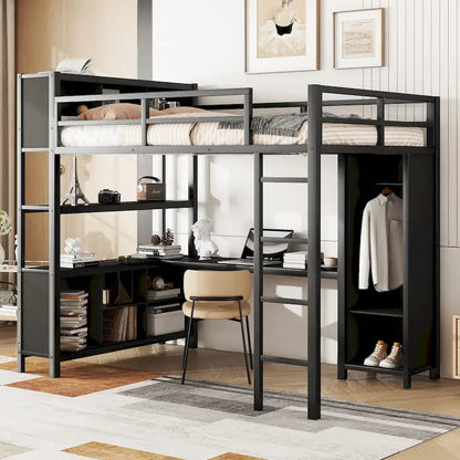 Full Size Metal Loft Bed with Wardrobe And L-shaped Desk, Storage Cubes and Shelves for Kids, Teens, Adults