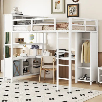 Full Size Metal Loft Bed with Wardrobe And L-shaped Desk, Storage Cubes and Shelves for Kids, Teens, Adults