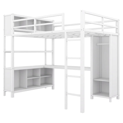 Full Size Metal Loft Bed with Wardrobe And L-shaped Desk, Storage Cubes and Shelves for Kids, Teens, Adults