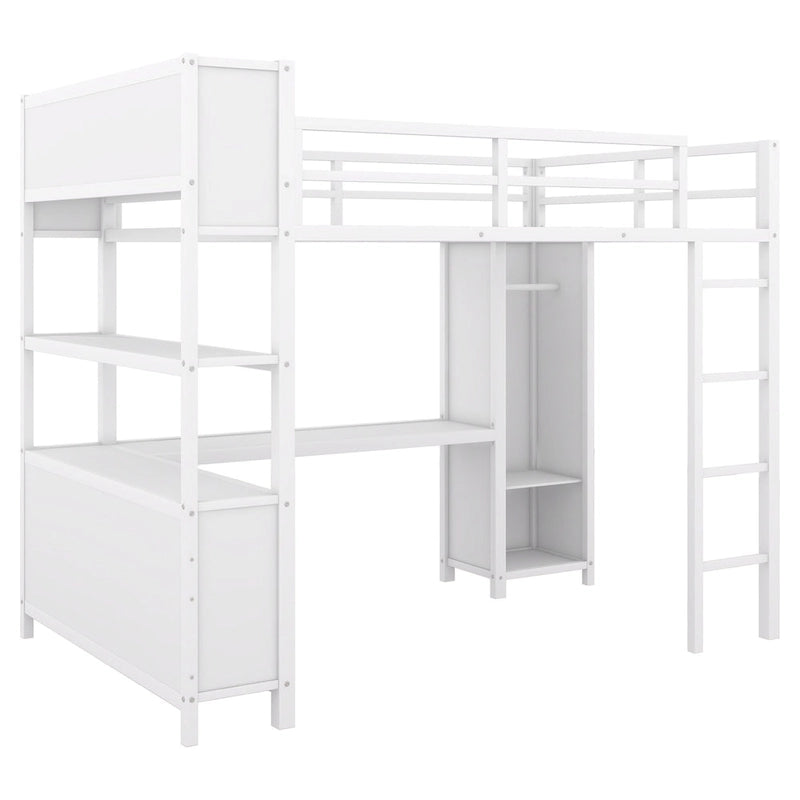 Full Size Metal Loft Bed with Wardrobe And L-shaped Desk, Storage Cubes and Shelves for Kids, Teens, Adults