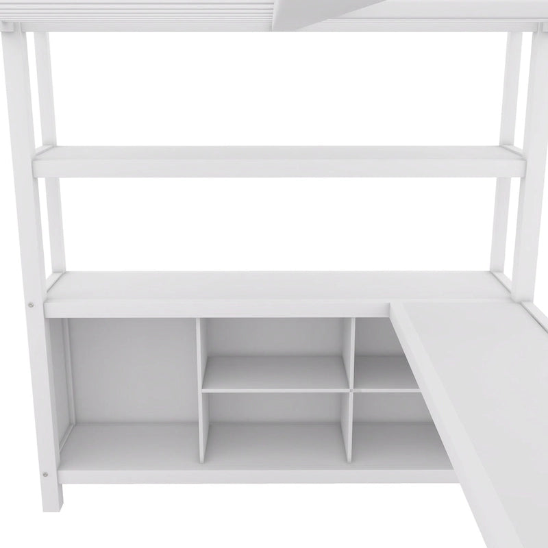Full Size Metal Loft Bed with Wardrobe And L-shaped Desk, Storage Cubes and Shelves for Kids, Teens, Adults