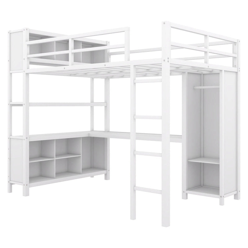 Full Size Metal Loft Bed with Wardrobe And L-shaped Desk, Storage Cubes and Shelves for Kids, Teens, Adults