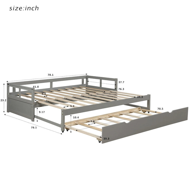 Grey Pine Wood Twin Size Daybed with Trundle and Slat Kit - Elegant Design