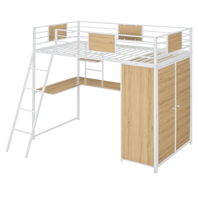 Twin Size Metal Wood Loft bed with L-shape Desk, Wardrobe, Fence and Ladder