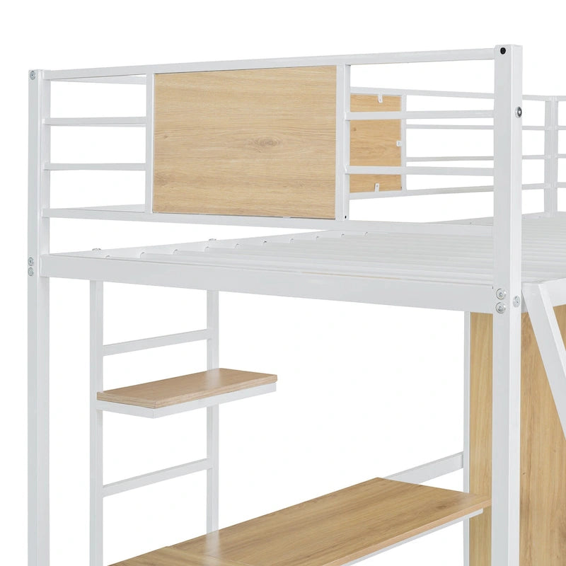 Twin Size Metal Wood Loft bed with L-shape Desk, Wardrobe, Fence and Ladder