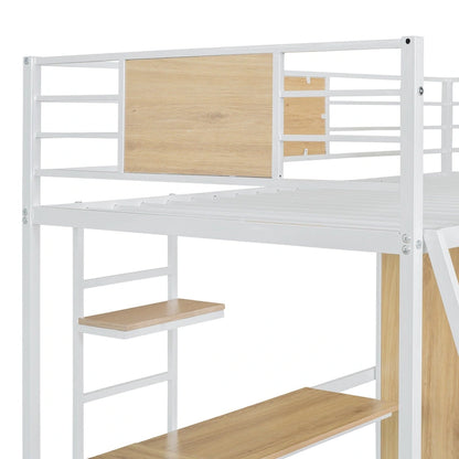 Twin Size Metal Wood Loft bed with L-shape Desk, Wardrobe, Fence and Ladder