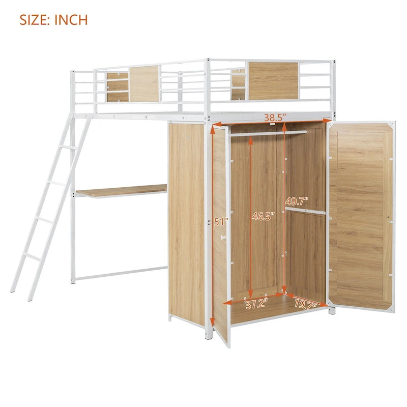 Twin Size Metal Wood Loft bed with L-shape Desk, Wardrobe, Fence and Ladder