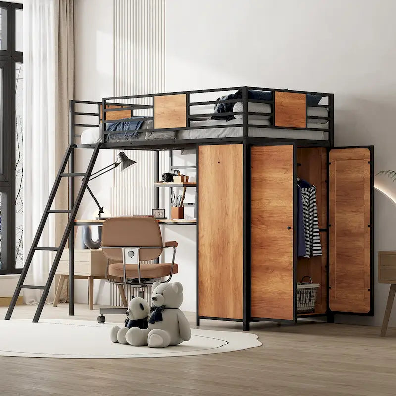 Twin Size Metal Wood Loft bed with L-shape Desk, Wardrobe, Fence and Ladder
