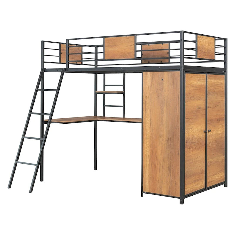 Twin Size Metal Wood Loft bed with L-shape Desk, Wardrobe, Fence and Ladder